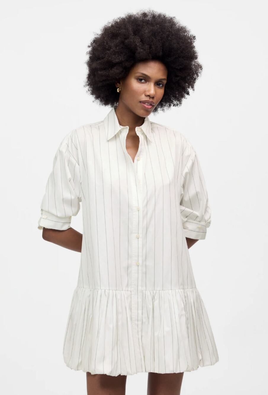 Madewell Bubble-Hem Mini Shirt Dress WMNS M White Long Sleeve NU761 Button Front